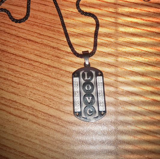 Men’s Black Beaded Chain Necklace with Love Pendant